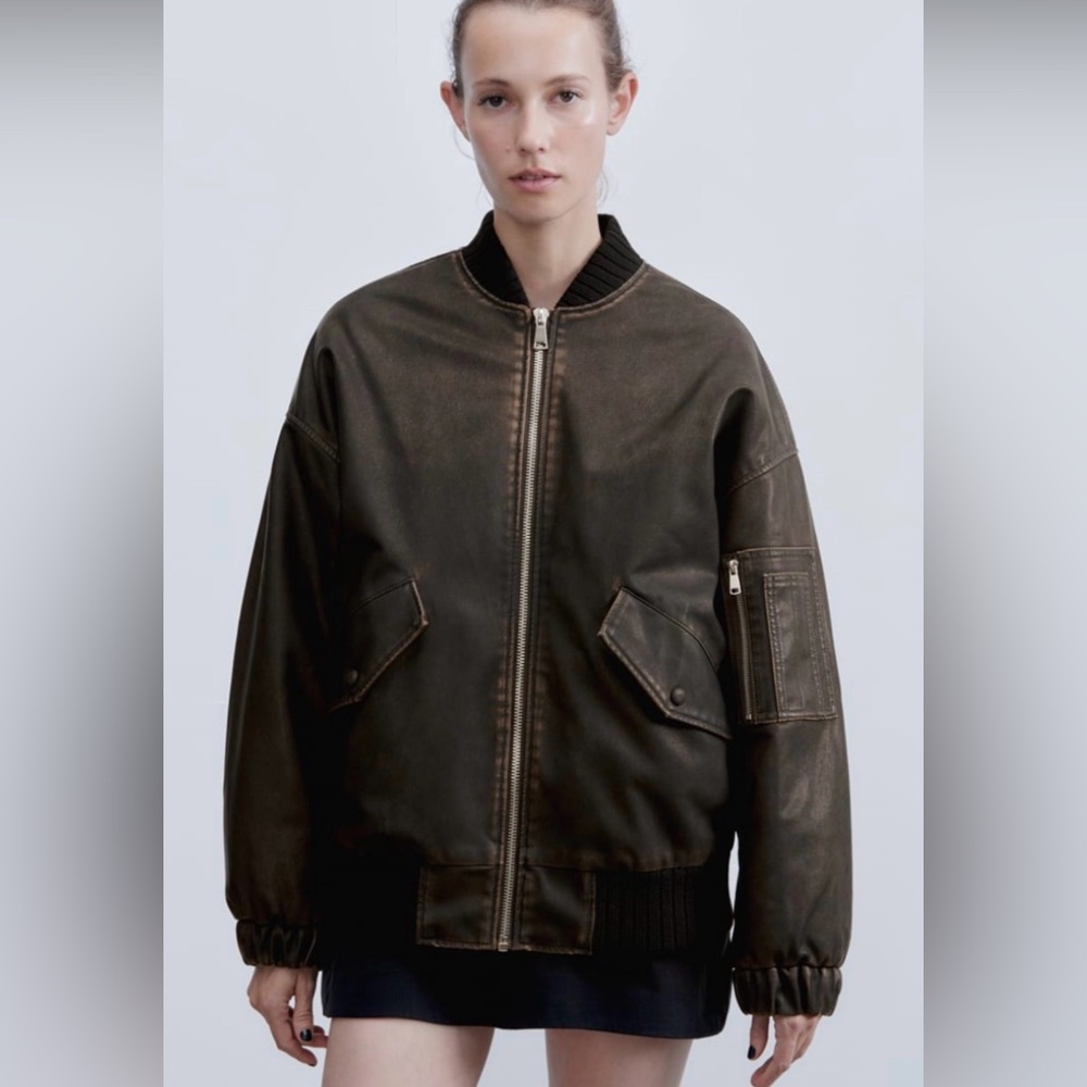 Zara Brown Faux-Leather Bomber Jacket